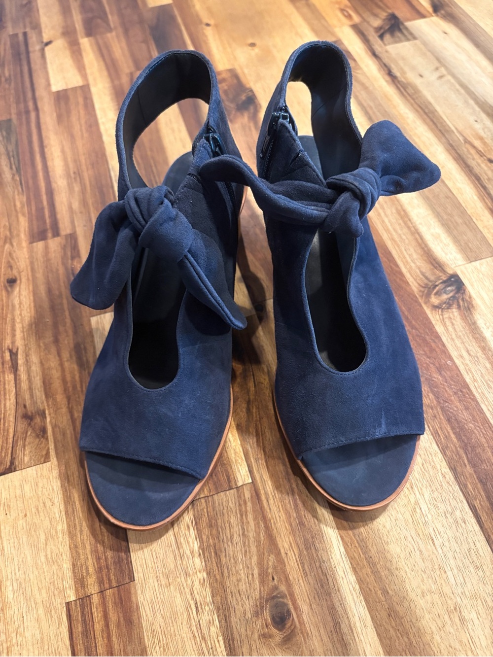 Bernardo Navy Suede Knot-Front Open-Toe Heels